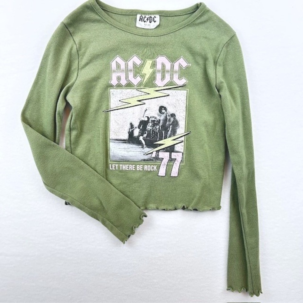 AC/DC Let There Be Rock 77 Graphic Tee Green Long Sleeve Lettuce Edge Kids‎ M 8